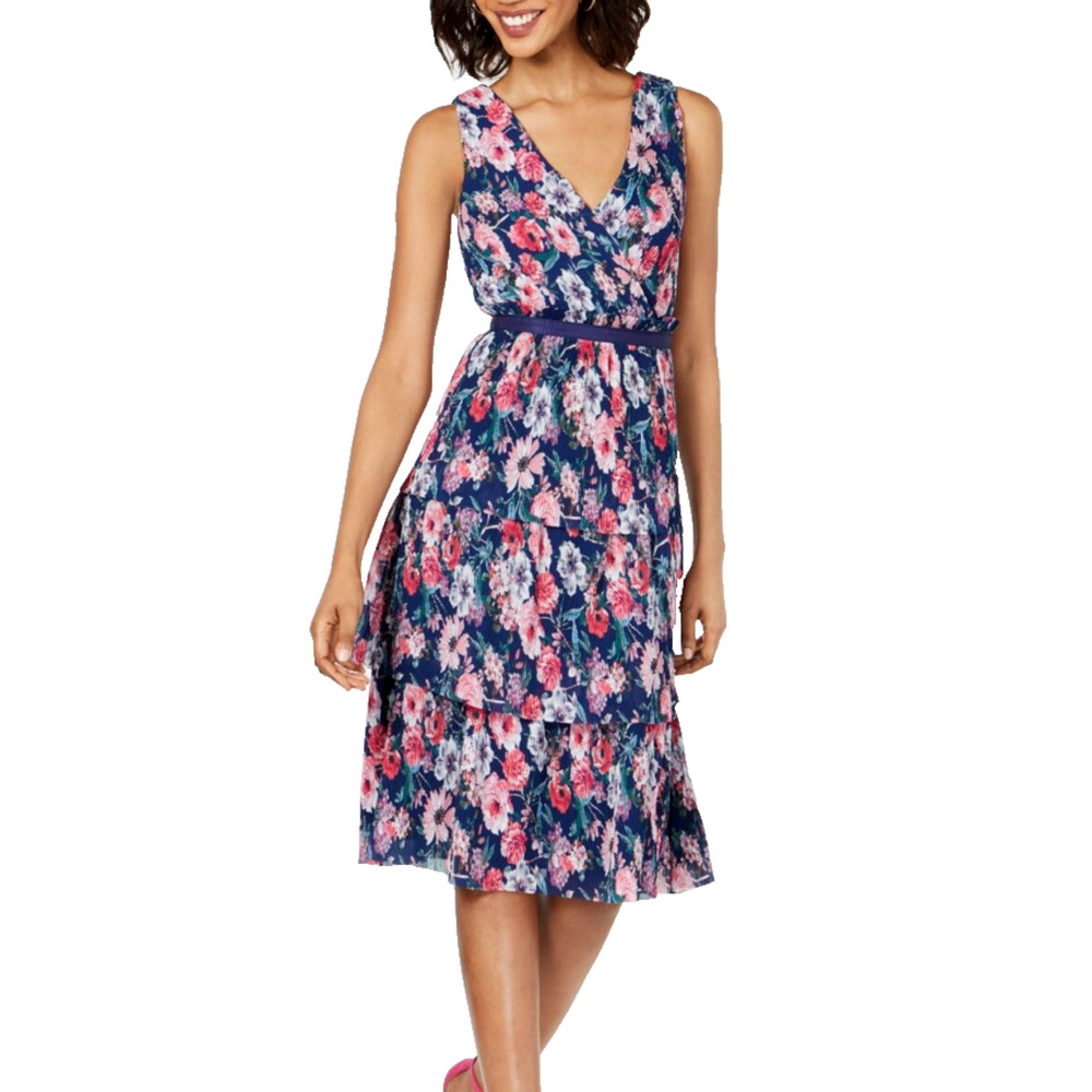 Adrianna Papell Dress sz 10 Navy Floral Garden Space Pleated Tiered Vneck